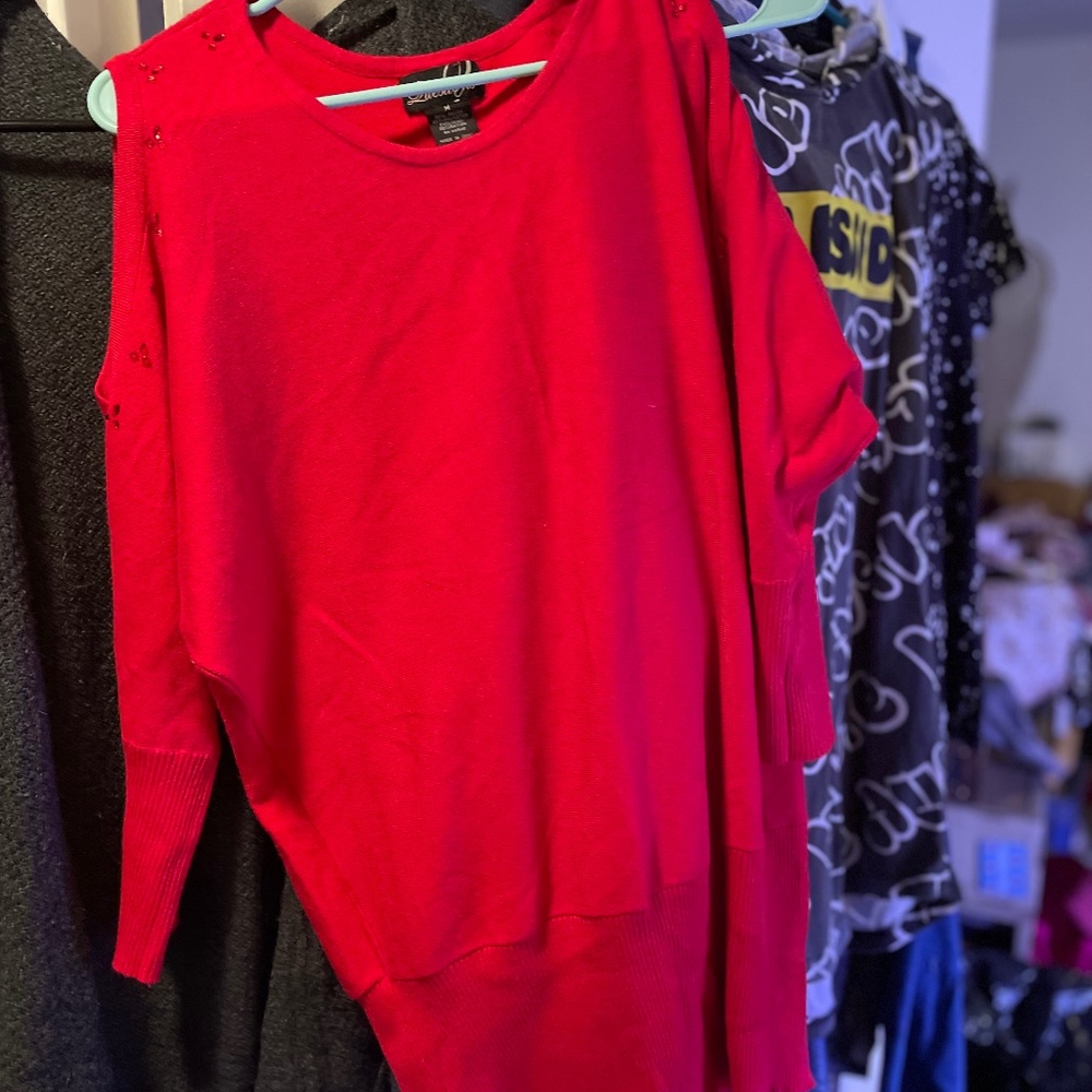 Red Embellished Cold Shoulder Sweater